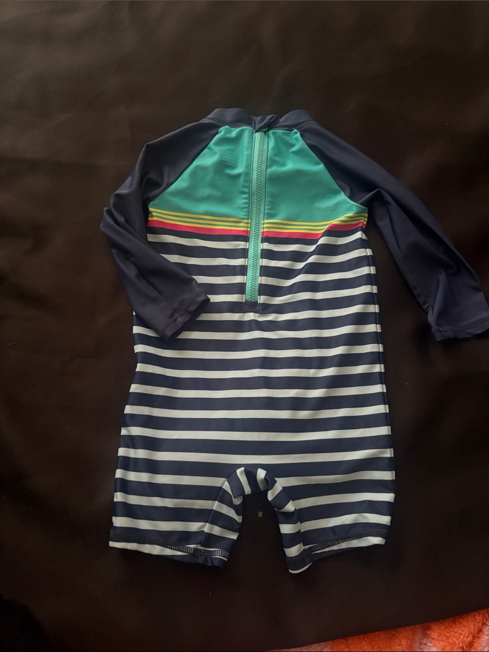 Navy Stripe Long-Sleeve Kids Swimwear with Teal Yoke